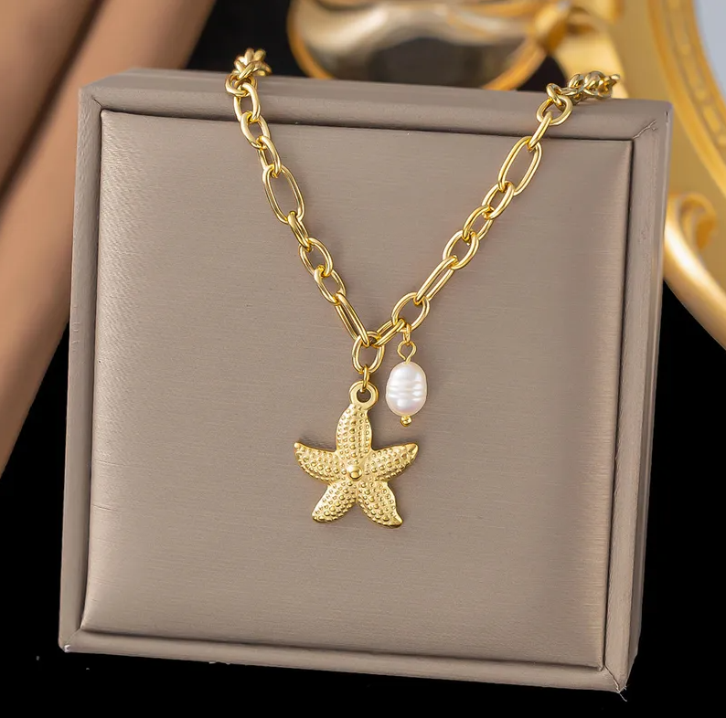 Gold Pearl Starfish Chain Necklace - Jewelry - 18k Gold Plated Waterproof Jewellery - Collection 9