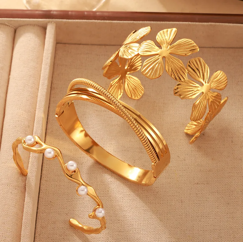 Gold Textured Hinged Bangle Bracelet - Jewelry - 18k Gold Plated Waterproof Jewellery - Collection 9