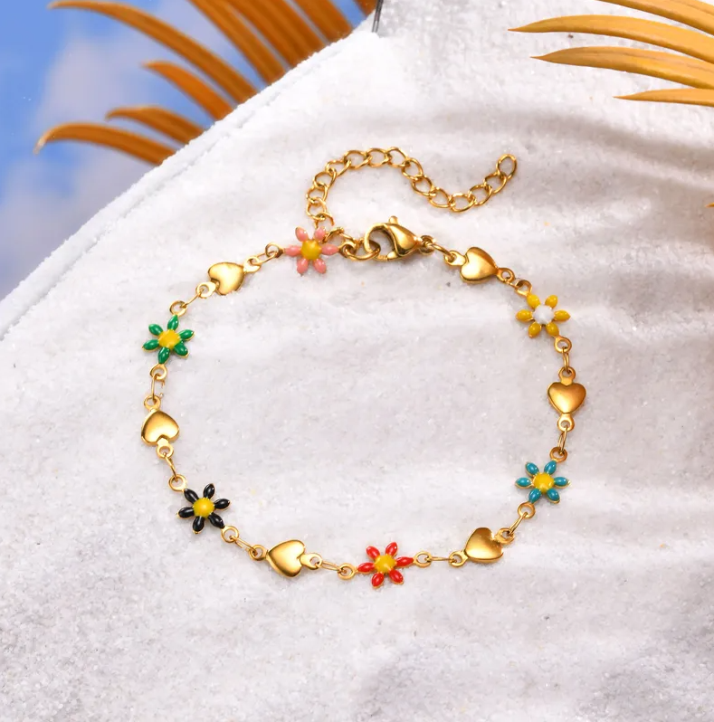 Gold Colorful Flower Heart Charm Bracelet - Jewelry - 18k Gold Plated Waterproof Jewellery - Collection 9