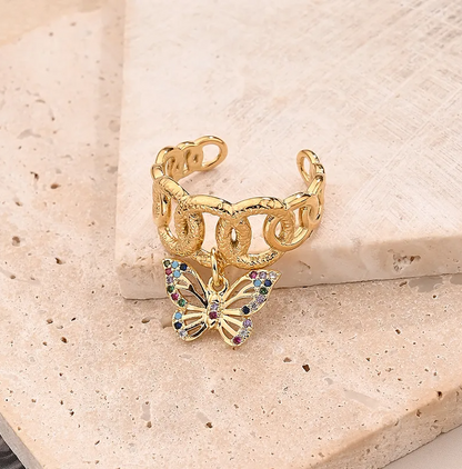 Gold Crystal Butterfly Chain Link Ring - Jewelry - 18k Gold Plated Waterproof Jewellery - Collection 9