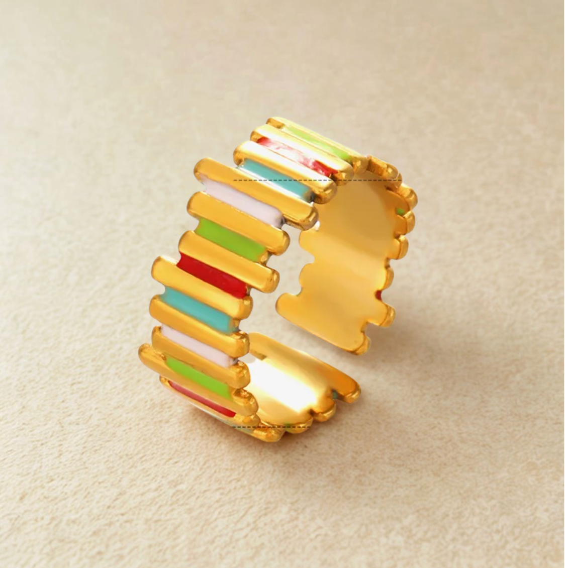 Gold Rainbow Enamel Bar Adjustable Ring - Jewelry - 18k Gold Plated Waterproof Jewellery - Collection 9