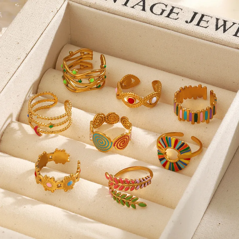 Gold Rainbow Enamel Leaf Wrap Ring - Jewelry - 18k Gold Plated Waterproof Jewellery - Collection 9