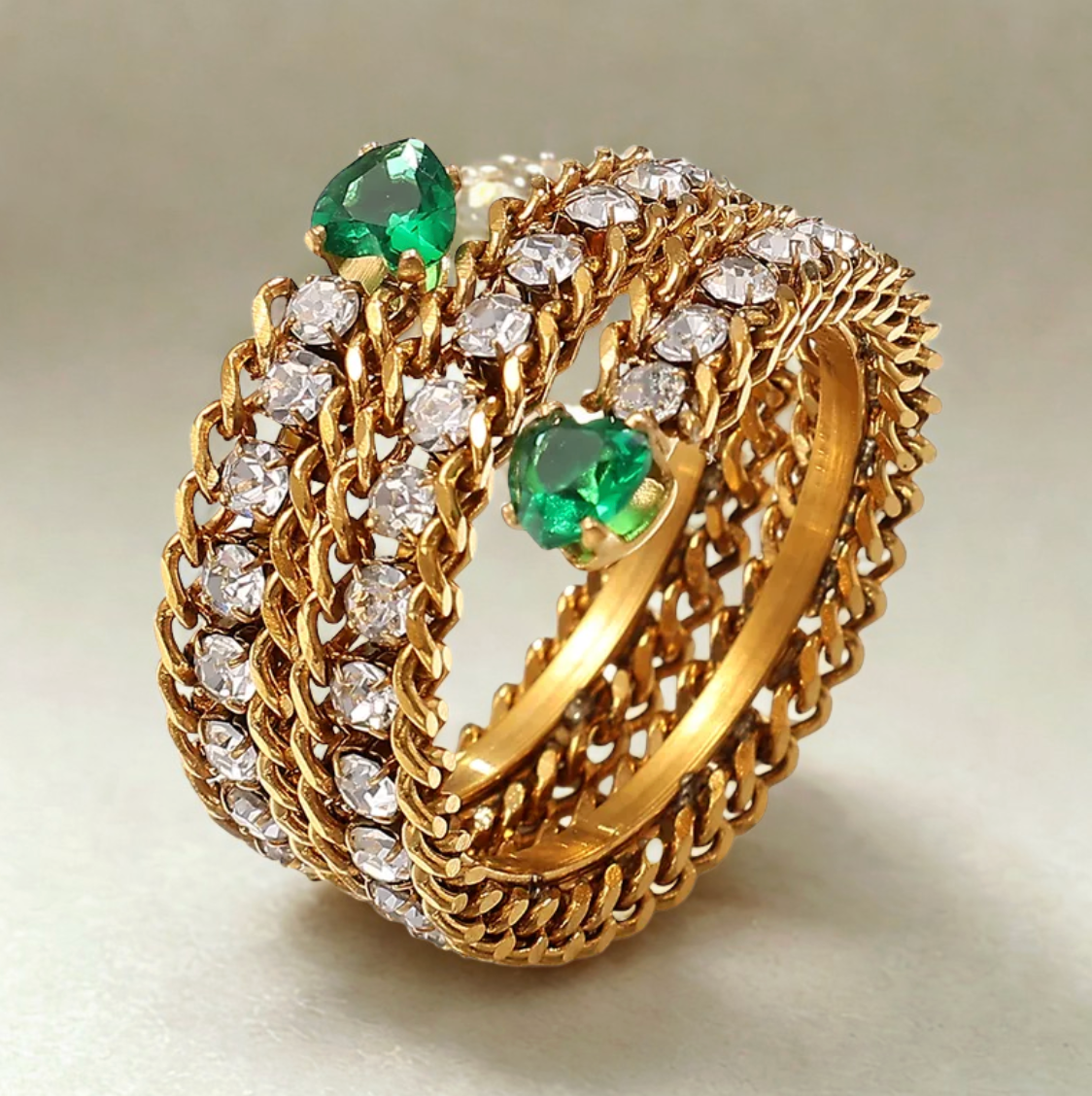 Gold Green Crystal Chain Link Multi-Band Ring - Jewelry - 18k Gold Plated Waterproof Jewellery - Collection 9