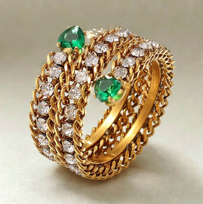 Gold Green Crystal Chain Link Multi-Band Ring - Jewelry - 18k Gold Plated Waterproof Jewellery - Collection 9
