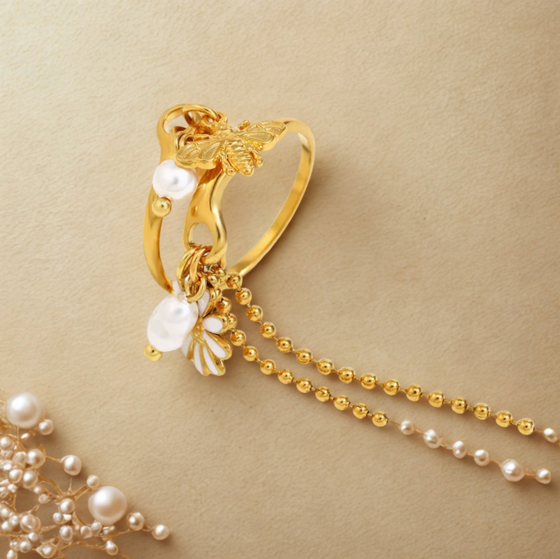 Gold Pearl Butterfly Tassel Chain Open Ring - Jewelry - 18k Gold Plated Waterproof Jewellery - Collection 9