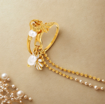 Gold Pearl Butterfly Tassel Chain Open Ring - Jewelry - 18k Gold Plated Waterproof Jewellery - Collection 9