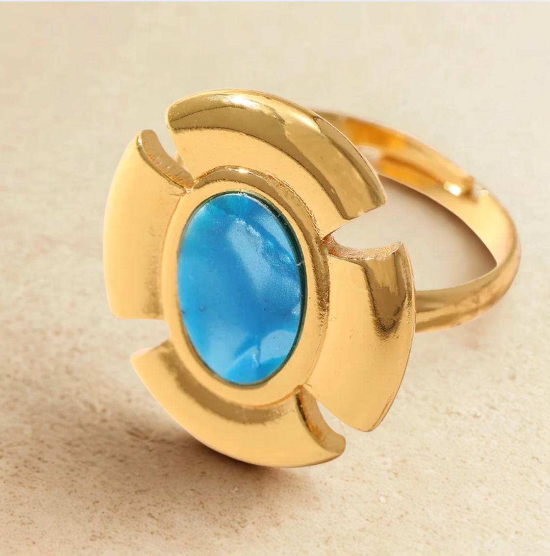 Gold Blue Inlay Geometric Ring - Jewelry - 18k Gold Plated Waterproof Jewellery - Collection 9