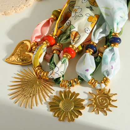 Green Floral Sun Charm Scarf Necklace - Jewelry - 18k Gold Plated Waterproof Jewellery - Collection 9