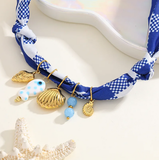 Blue Checkered Ocean Multi-Charm Scarf Necklace - Jewelry - 18k Gold Plated Waterproof Jewellery - Collection 9