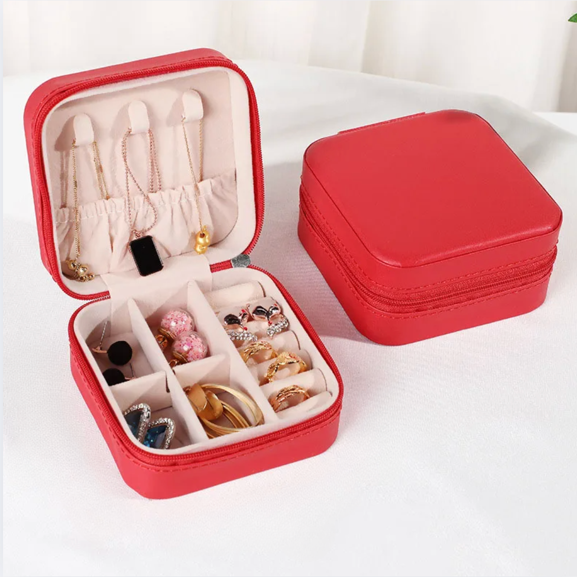 Coral Red Square PU Style Luxury Travel Jewellery Box - Jewellery Boxes - 18k Gold Plated Waterproof Jewellery - Collection 9
