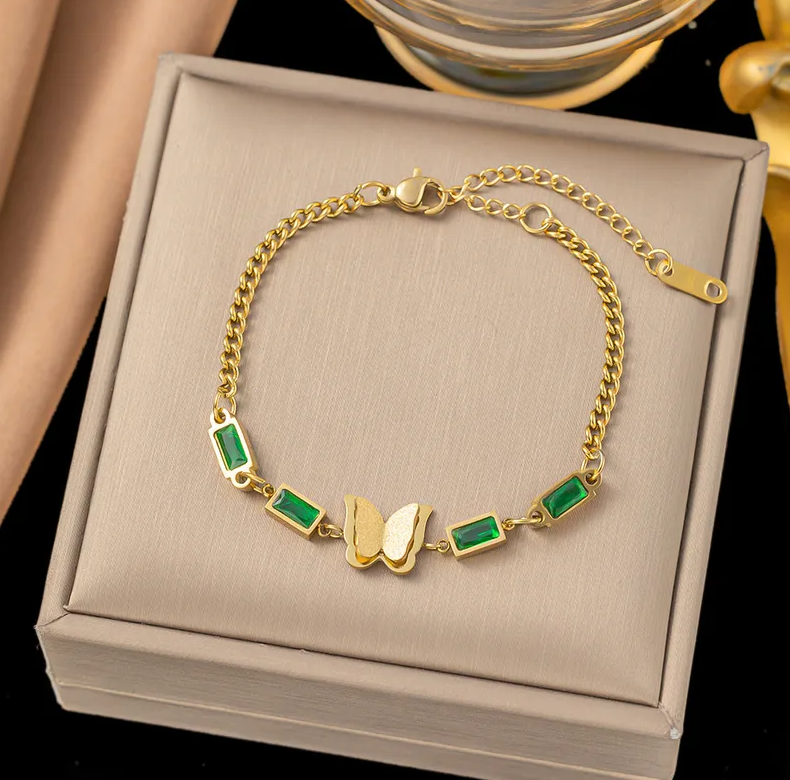 Gold Emerald Butterfly Bracelet - Bracelet - 18k Gold Plated Waterproof Jewellery - Collection 9