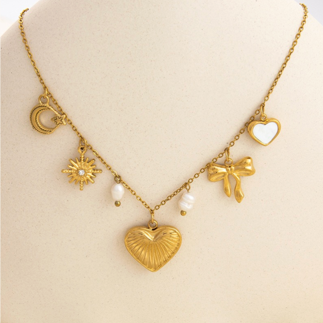 Gold Pearl Charm Heart Bow Necklace - Jewelry - 18k Gold Plated Waterproof Jewellery - Collection 9