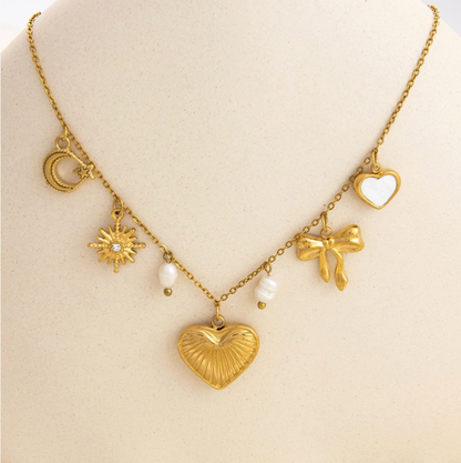 Gold Pearl Charm Heart Bow Necklace - Jewelry - 18k Gold Plated Waterproof Jewellery - Collection 9