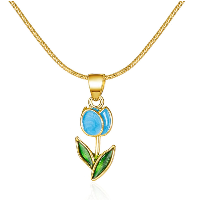 Gold Blue Tulip Flower Necklace - Jewelry - 18k Gold Plated Waterproof Jewellery - Collection 9