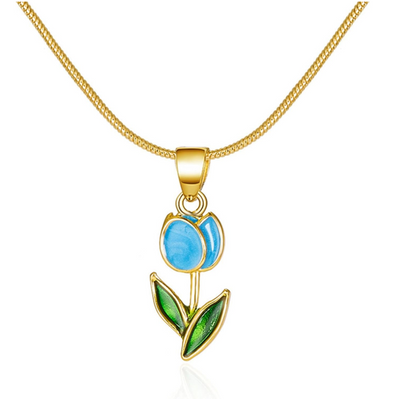 Gold Blue Tulip Flower Necklace - Jewelry - 18k Gold Plated Waterproof Jewellery - Collection 9