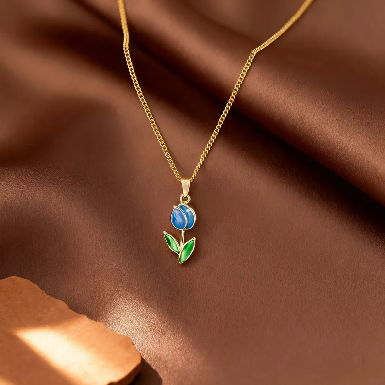 Gold Blue Tulip Flower Necklace - Jewelry - 18k Gold Plated Waterproof Jewellery - Collection 9
