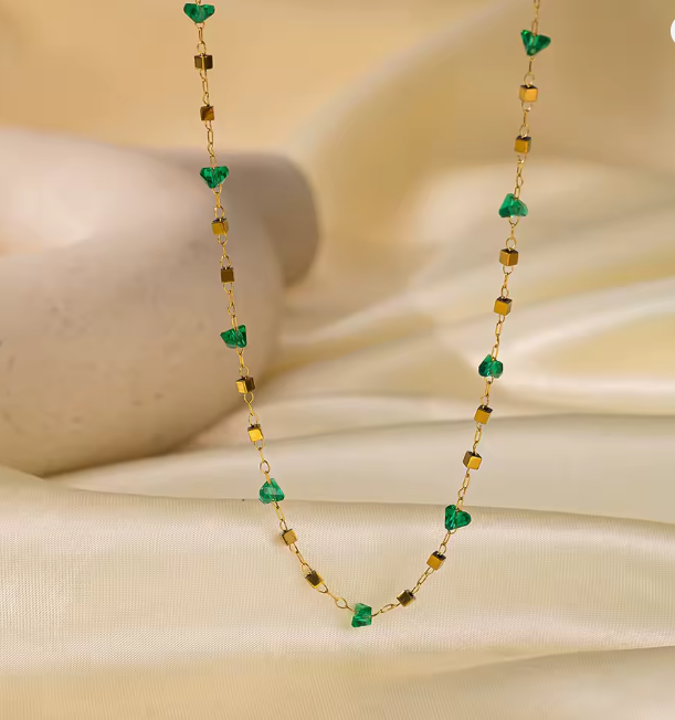 Gold Green Crystal Layered Necklace - Jewelry - 18k Gold Plated Waterproof Jewellery - Collection 9