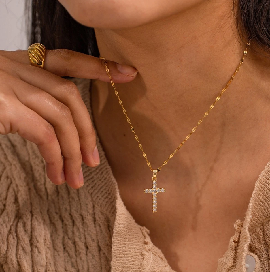 Gold Crystal Cross Necklace - Jewelry - 18k Gold Plated Waterproof Jewellery - Collection 9