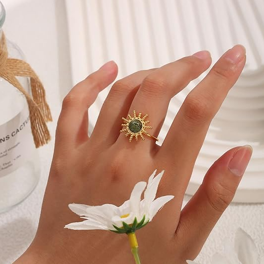 Gold Green Stone Sunburst Ring - Jewelry - 18k Gold Plated Waterproof Jewellery - Collection 9