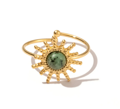 Gold Green Stone Sunburst Ring - Jewelry - 18k Gold Plated Waterproof Jewellery - Collection 9