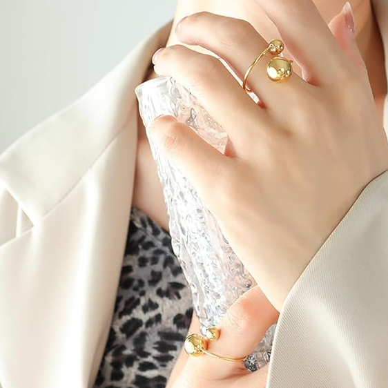 Gold Double Ball Open Cuff Ring - Jewelry - 18k Gold Plated Waterproof Jewellery - Collection 9