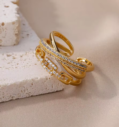 Gold Crystal Pave Multi-Layer Ring - Jewelry - 18k Gold Plated Waterproof Jewellery - Collection 9
