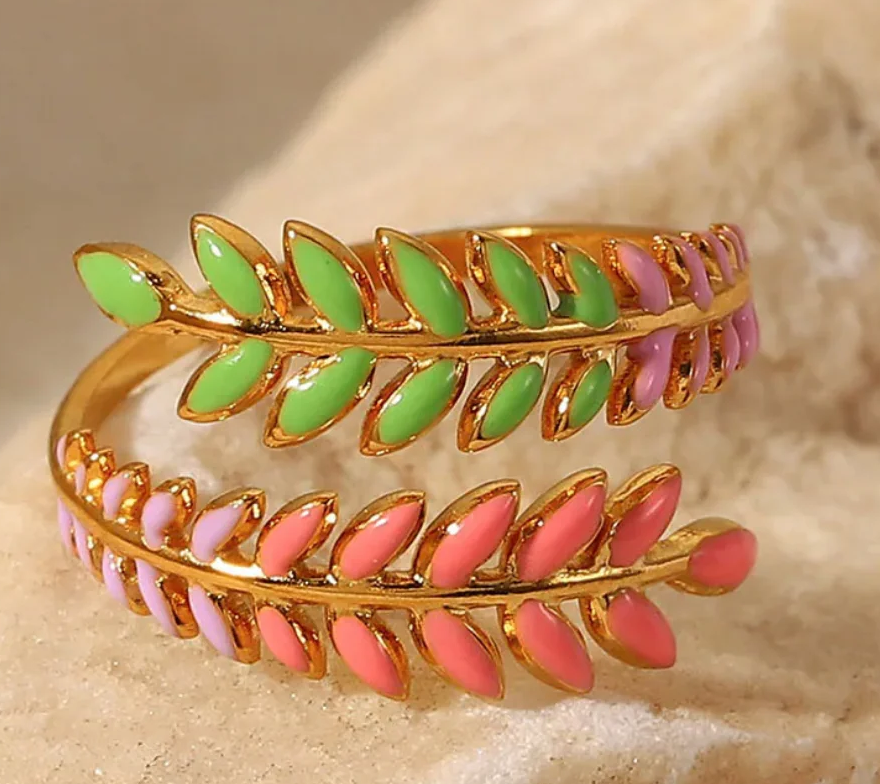 Gold Rainbow Enamel Leaf Wrap Ring - Jewelry - 18k Gold Plated Waterproof Jewellery - Collection 9