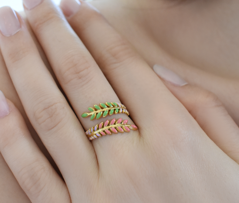 Gold Rainbow Enamel Leaf Wrap Ring - Jewelry - 18k Gold Plated Waterproof Jewellery - Collection 9