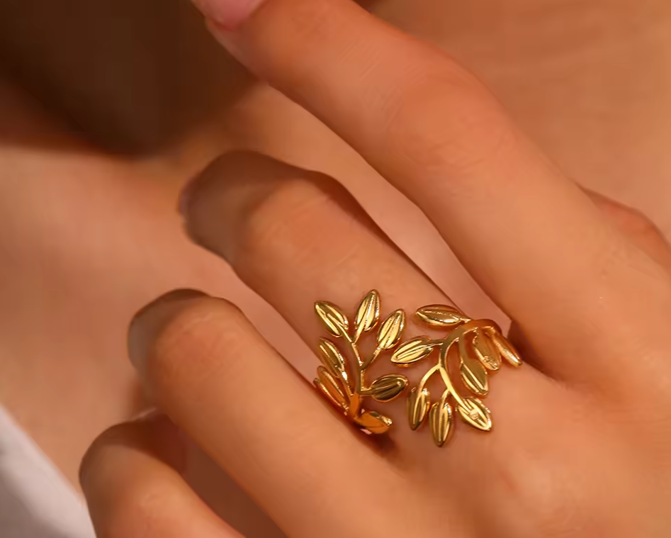 Gold Botanical Leaf Wrap Adjustable Ring - Jewelry - 18k Gold Plated Waterproof Jewellery - Collection 9