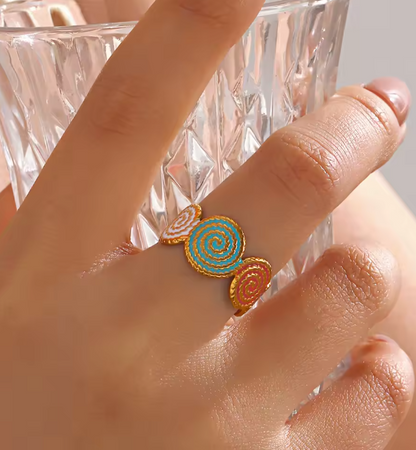 Gold Colorful Spiral Medallion Adjustable Ring - Jewelry - 18k Gold Plated Waterproof Jewellery - Collection 9