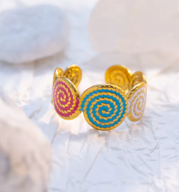 Gold Colorful Spiral Medallion Adjustable Ring - Jewelry - 18k Gold Plated Waterproof Jewellery - Collection 9