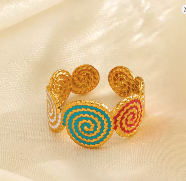 Gold Colorful Spiral Medallion Adjustable Ring - Jewelry - 18k Gold Plated Waterproof Jewellery - Collection 9