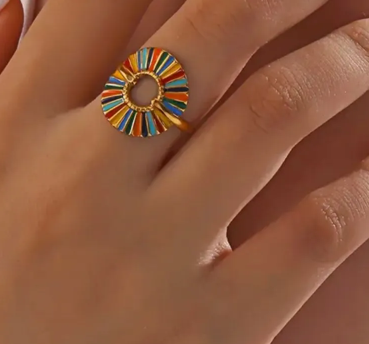 Gold Rainbow Enamel Sunburst Adjustable Ring - Jewelry - 18k Gold Plated Waterproof Jewellery - Collection 9