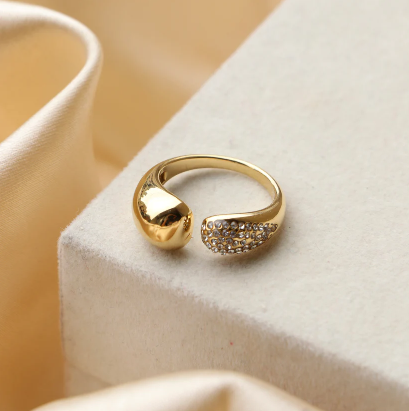 Gold Crystal Pave Dome Adjustable Ring - Jewelry - 18k Gold Plated Waterproof Jewellery - Collection 9