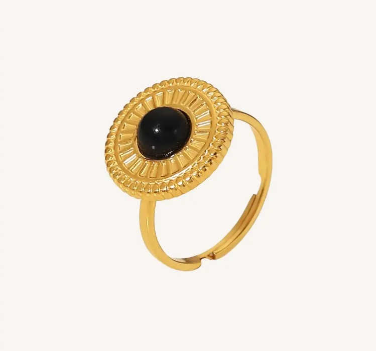 Gold Black Stone Medallion Ring - Jewelry - 18k Gold Plated Waterproof Jewellery - Collection 9