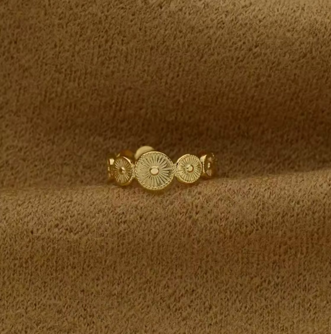 Gold Sunburst Medallion Adjustable Ring - Jewelry - 18k Gold Plated Waterproof Jewellery - Collection 9