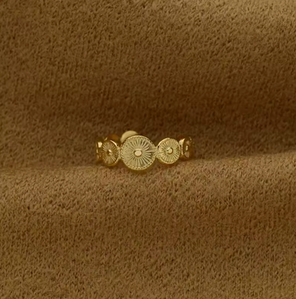 Gold Sunburst Medallion Adjustable Ring - Jewelry - 18k Gold Plated Waterproof Jewellery - Collection 9