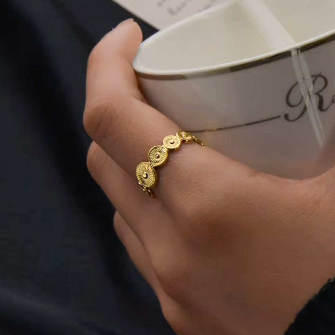 Gold Sunburst Medallion Adjustable Ring - Jewelry - 18k Gold Plated Waterproof Jewellery - Collection 9