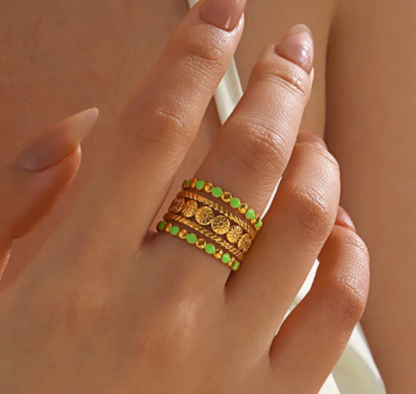Multi Row Green Ring - Jewelry - 18k Gold Plated Waterproof Jewellery - Collection 9