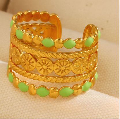 Multi Row Green Ring - Jewelry - 18k Gold Plated Waterproof Jewellery - Collection 9
