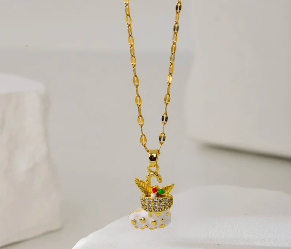 White & Gold Christmas Stocking Pendant Necklace - Necklaces - 18k Gold Plated Waterproof Jewellery - Collection 9