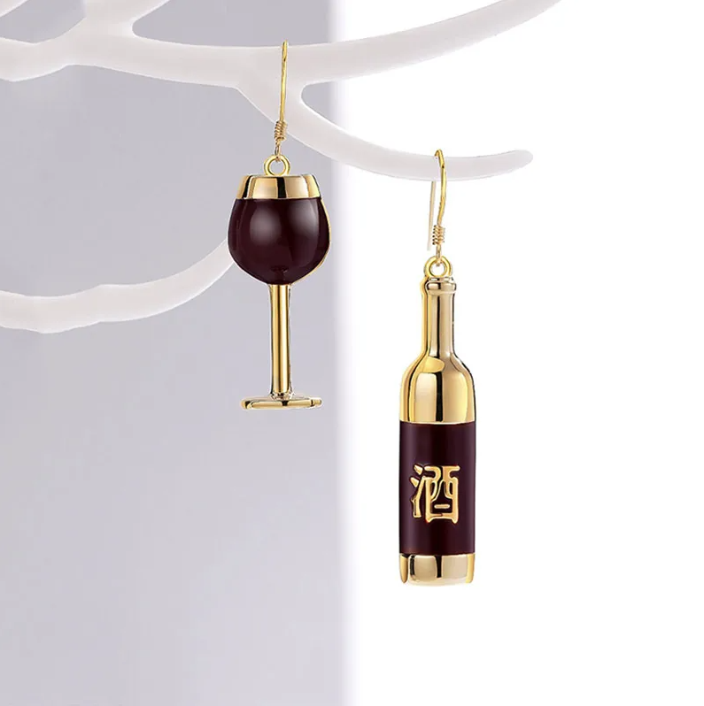 Wine Bottle & Glass Asymmetric Drop Earrings - Earrings - 18k Gold Plated Waterproof Jewellery - Collection 9