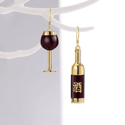 Wine Bottle & Glass Asymmetric Drop Earrings - Earrings - 18k Gold Plated Waterproof Jewellery - Collection 9