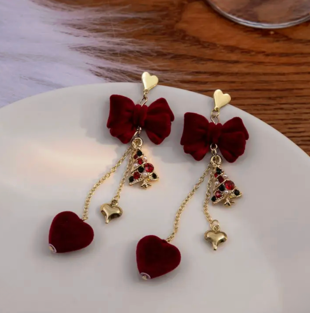 Velvet Bow & Crystal Tree Heart Drop Earrings - Earrings - 18k Gold Plated Waterproof Jewellery - Collection 9