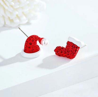 Red Crystal Santa Hat & Stocking Stud Earrings - Earrings - 18k Gold Plated Waterproof Jewellery - Collection 9