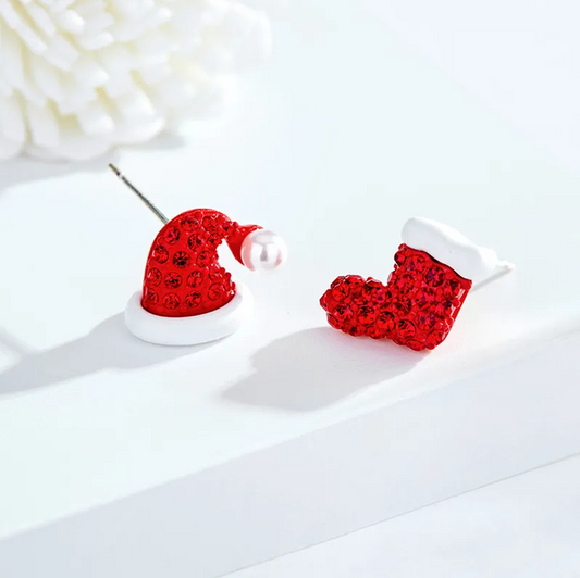 Red Crystal Santa Hat & Stocking Stud Earrings - Earrings - 18k Gold Plated Waterproof Jewellery - Collection 9