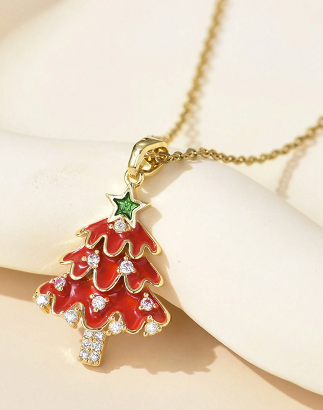 Red Enamel Christmas Tree Pendant Necklace - Necklaces - 18k Gold Plated Waterproof Jewellery - Collection 9