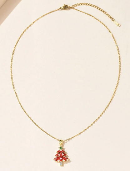 Red Enamel Christmas Tree Pendant Necklace - Necklaces - 18k Gold Plated Waterproof Jewellery - Collection 9