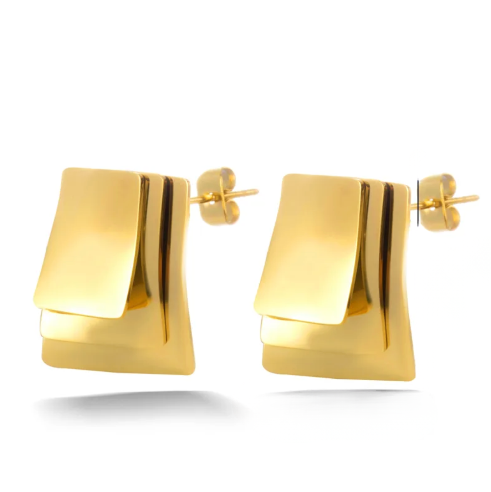 Gold Layered Square Stud Earrings - - 18k Gold Plated Waterproof Jewellery - Collection 9