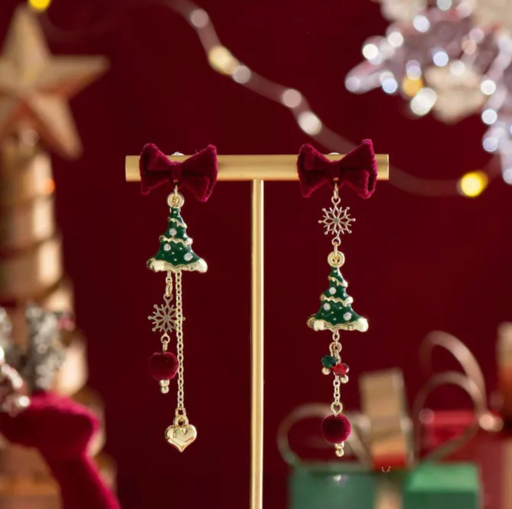 Velvet Bow Tree & Snowflake Chain Drop Earrings - Earrings - 18k Gold Plated Waterproof Jewellery - Collection 9